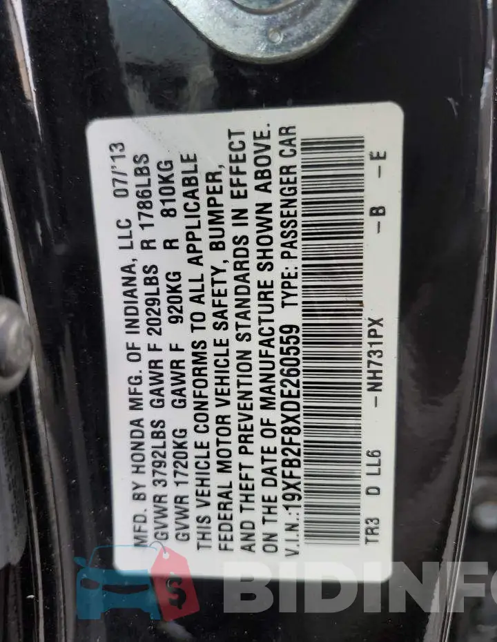 19XFB2F8XDE260559 Photo# 12