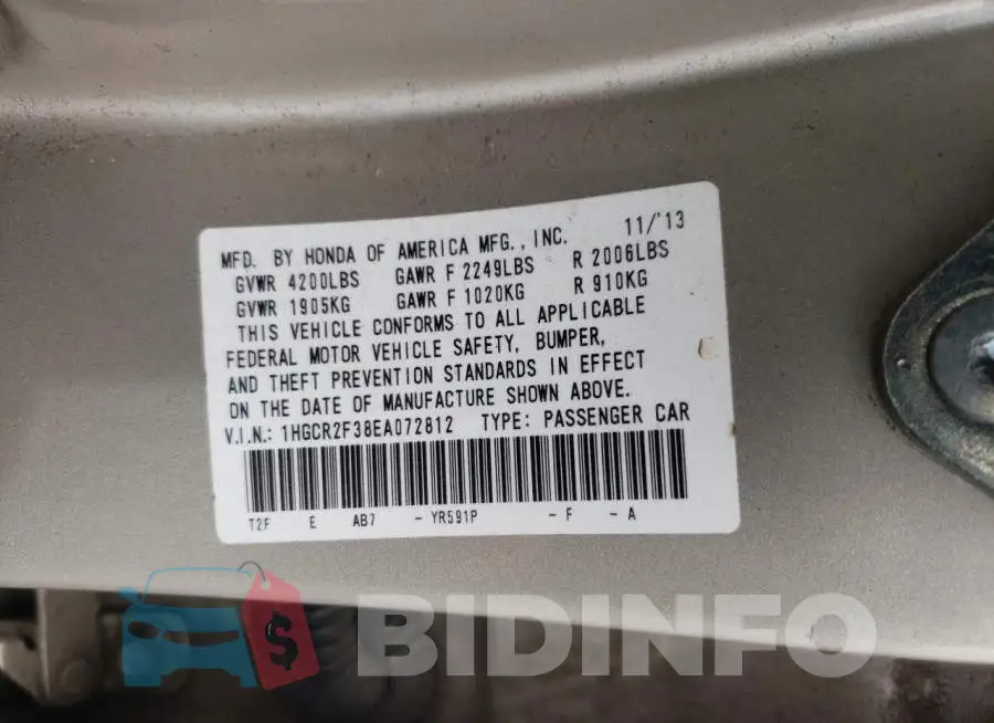 1HGCR2F38EA072812 Photo# 12