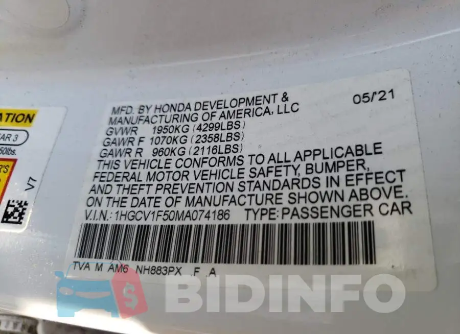 1HGCV1F50MA074186 Photo# 10
