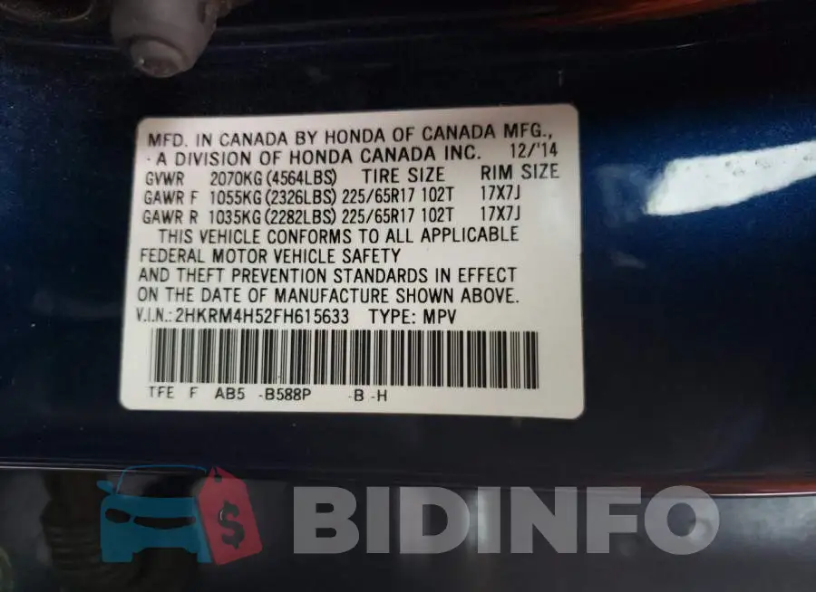 2HKRM4H52FH615633 Photo# 13