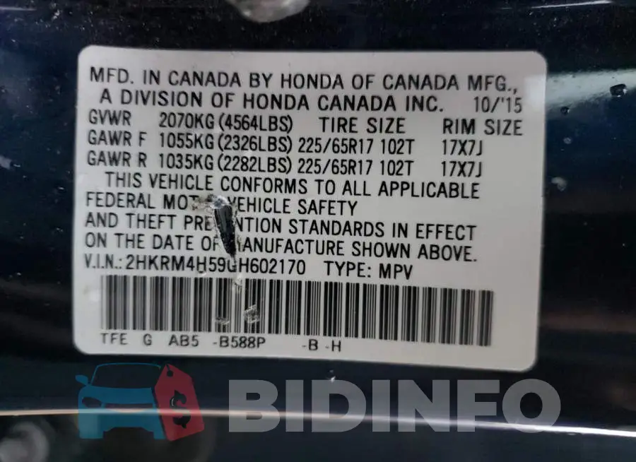 2HKRM4H59GH602170 Photo# 13