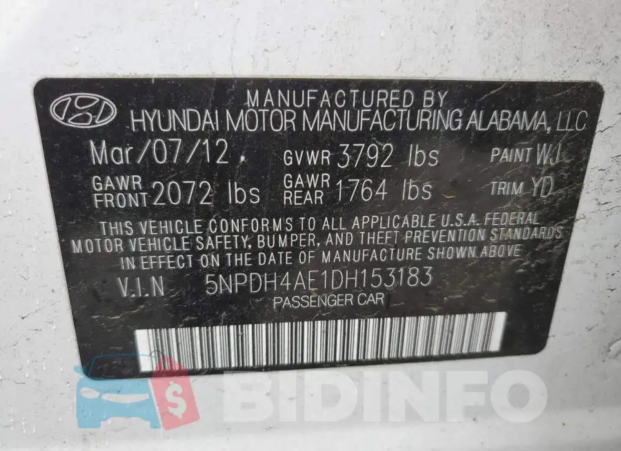 5NPDH4AE1DH153183 Photo# 12