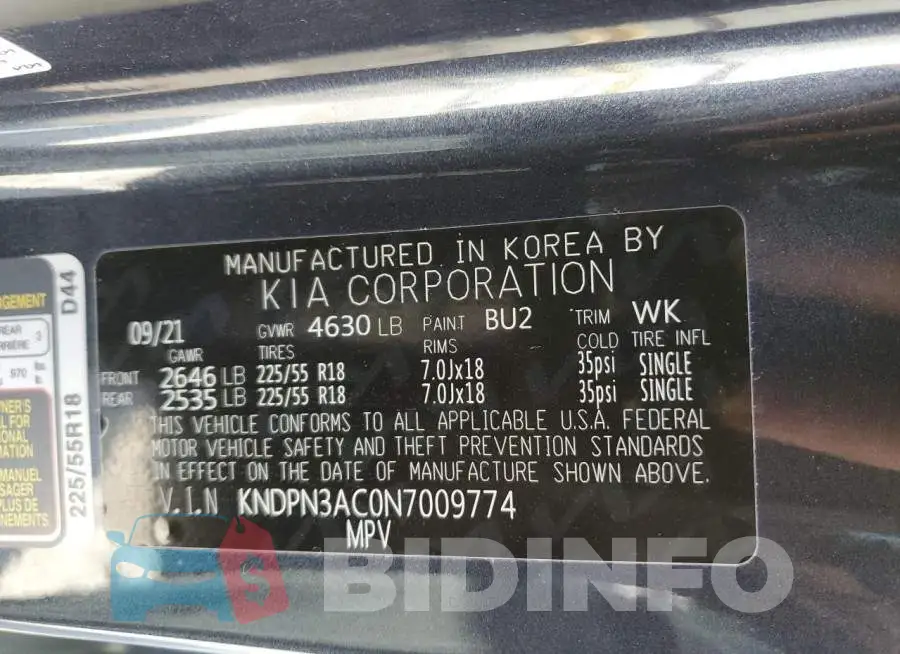 KNDPN3AC0N7009774 Photo# 10