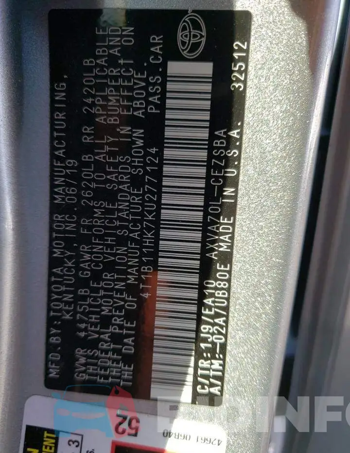 4T1B11HK7KU277124 Photo# 10