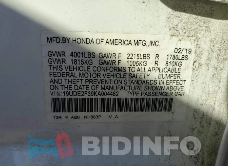 19UDE2F39KA004482 Photo# 10