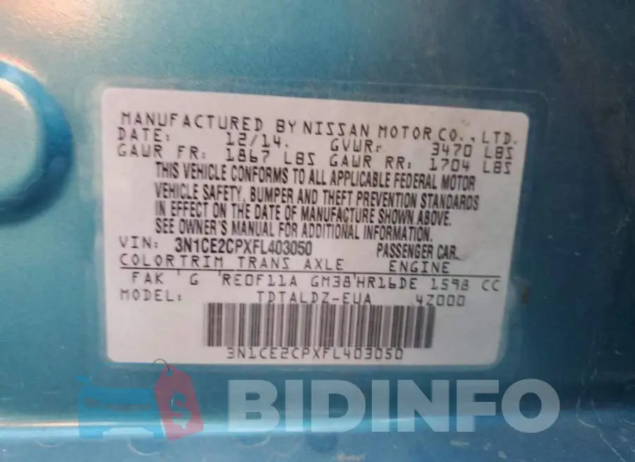 3N1CE2CPXFL403050 Photo# 10