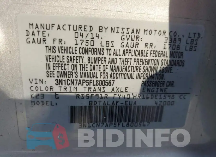 3N1CN7AP5FL800567 Photo# 13