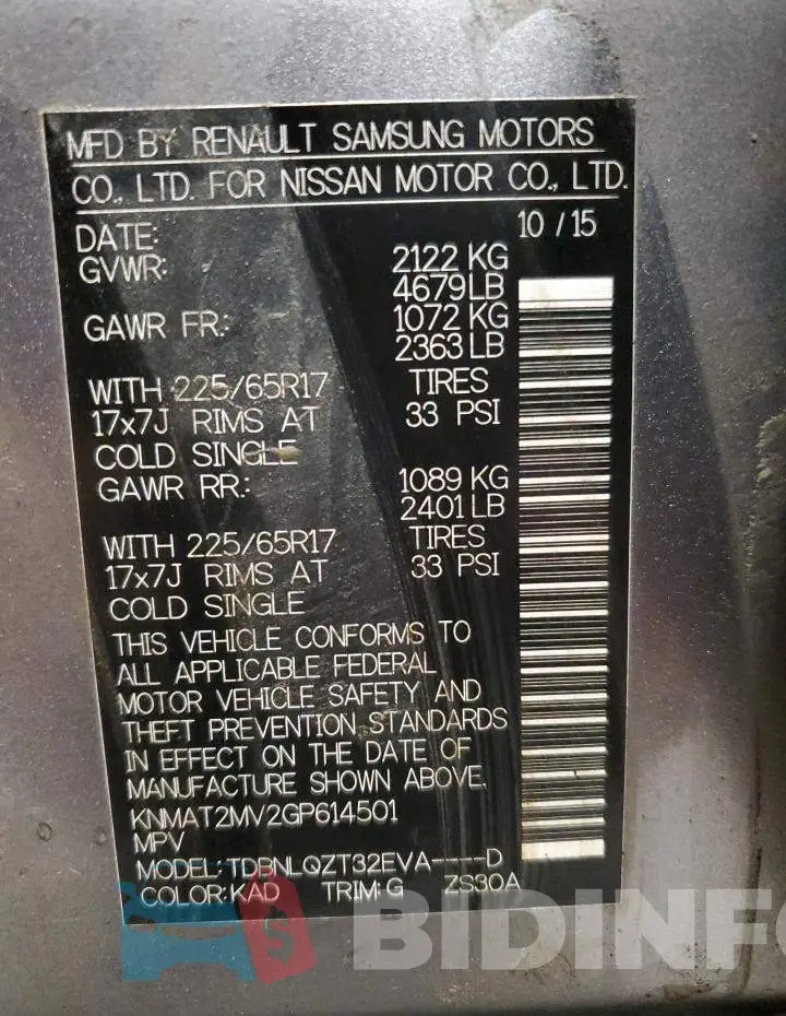 KNMAT2MV2GP614501 Photo# 10