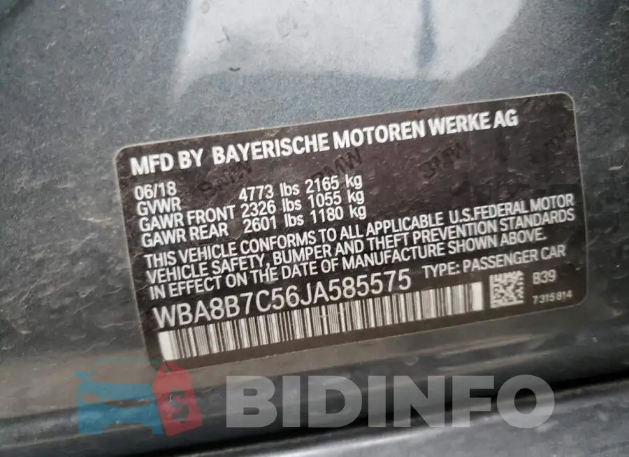 WBA8B7C56JA585575 Photo# 10