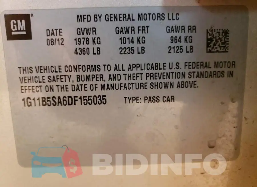1G11B5SA6DF155035 Photo# 12
