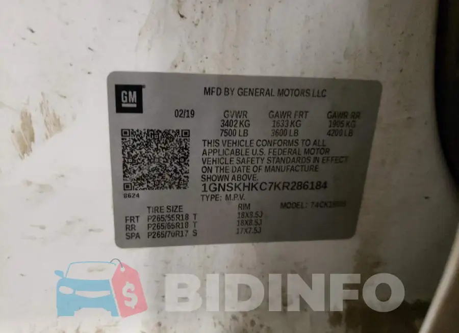 1GNSKHKC7KR286184 Photo# 14