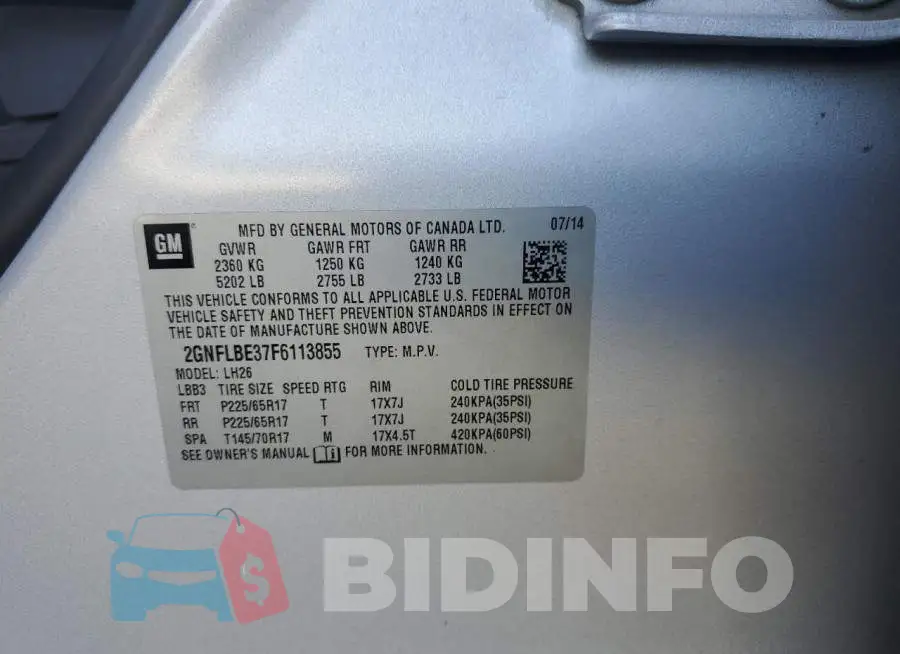 2GNFLBE37F6113855 Photo# 10