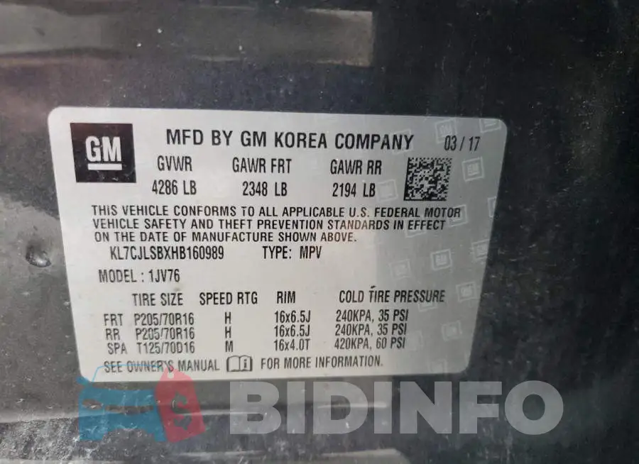 KL7CJLSBXHB160989 Photo# 10