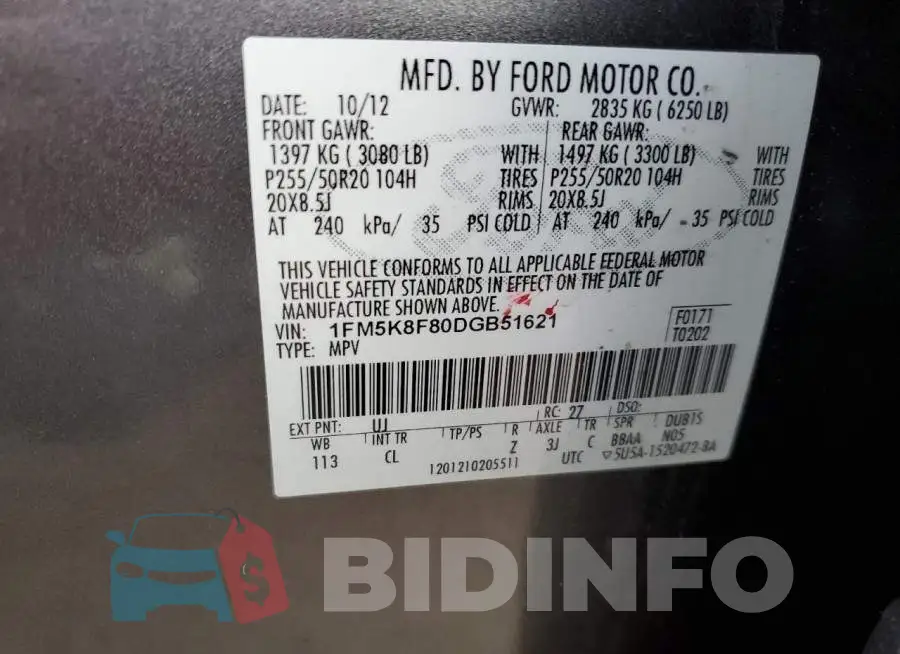 1FM5K8F80DGB51621 Photo# 13