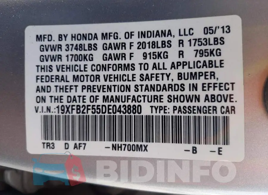 19XFB2F55DE043880 Photo# 10
