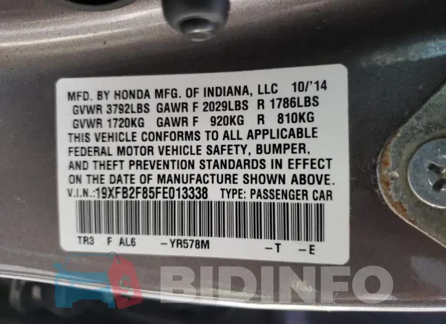 19XFB2F85FE013338 Photo# 10