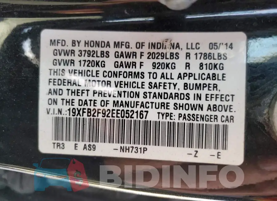 19XFB2F92EE052167 Photo# 13