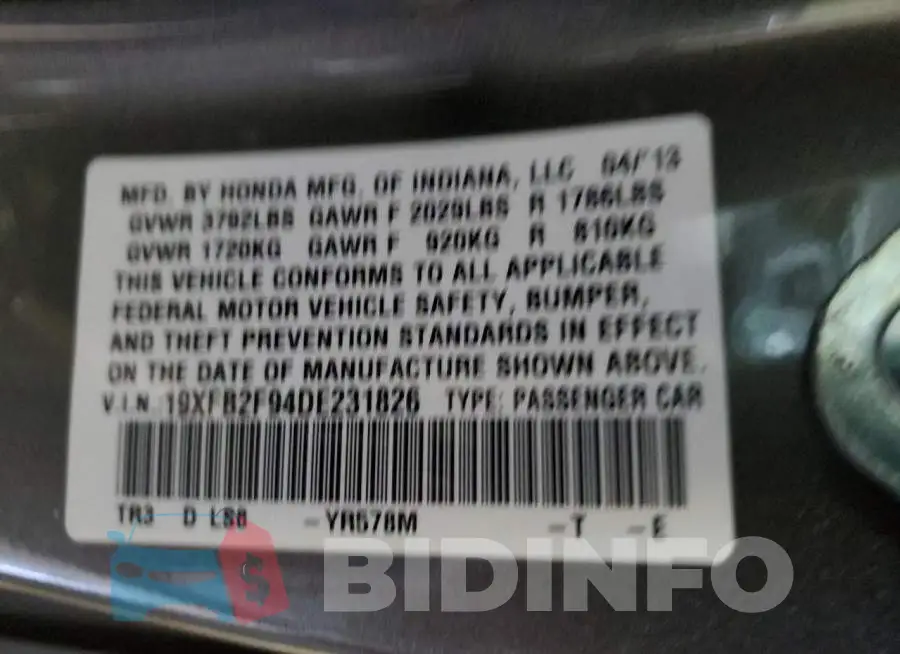 19XFB2F94DE231826 Photo# 13