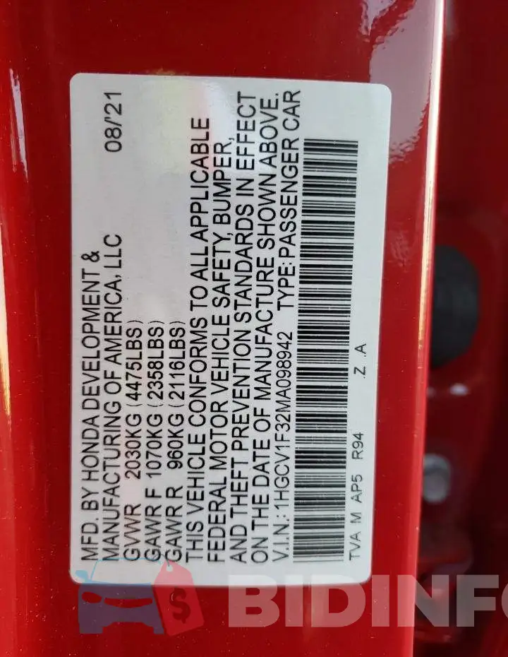 1HGCV1F32MA098942 Photo# 13
