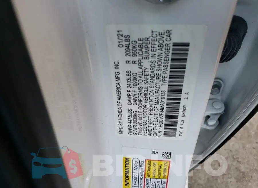 1HGCV2F34MA010138 Photo# 10