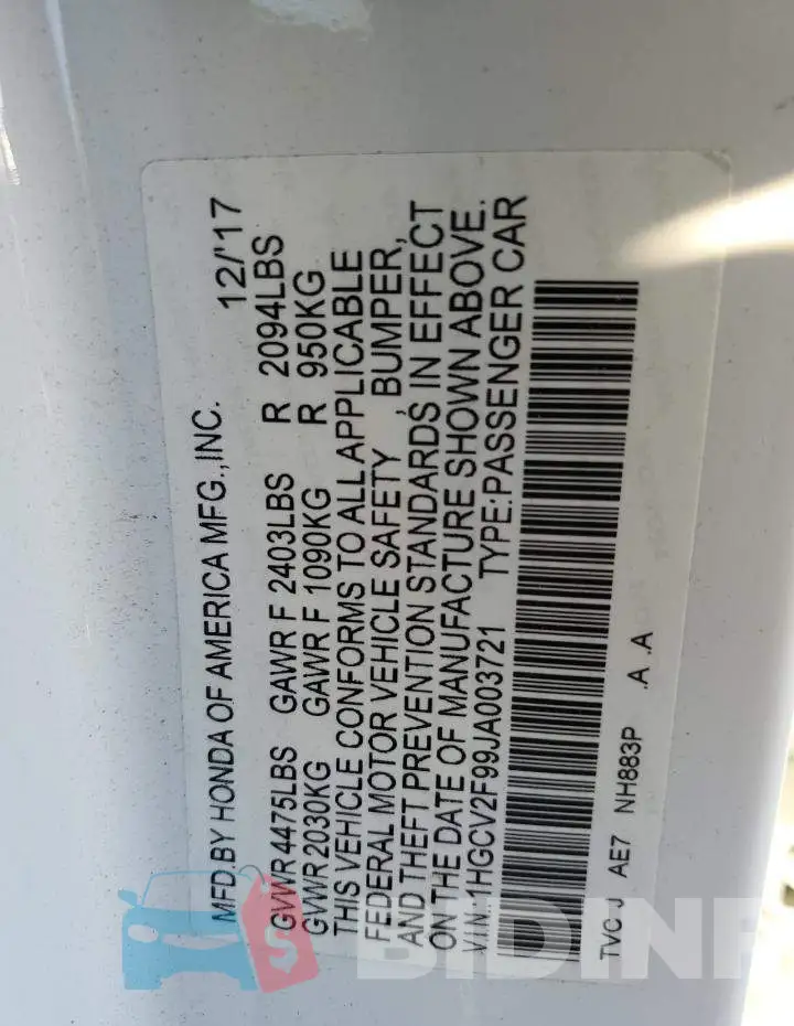 1HGCV2F99JA003721 Photo# 10