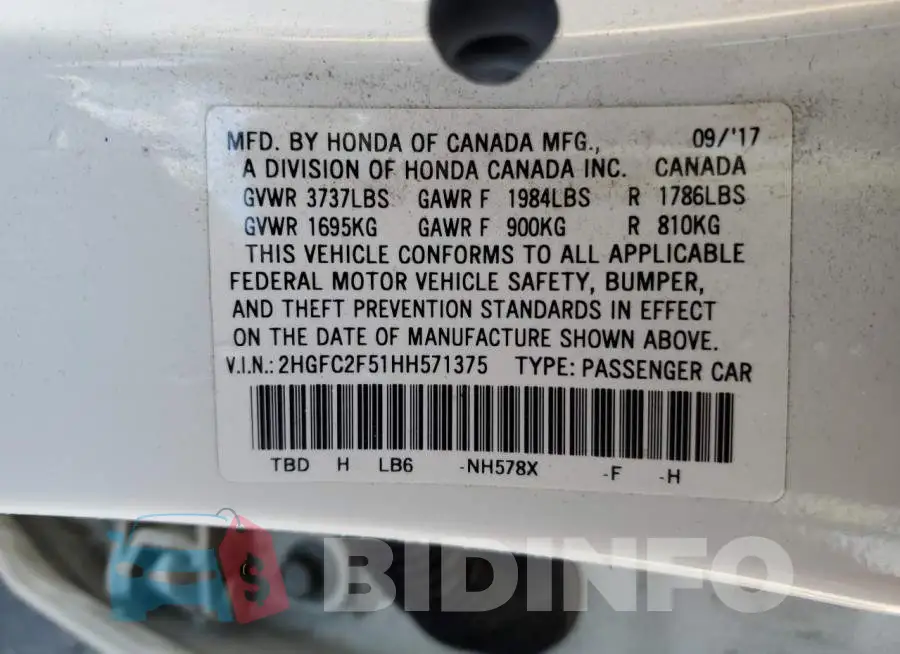 2HGFC2F51HH571375 Photo# 12