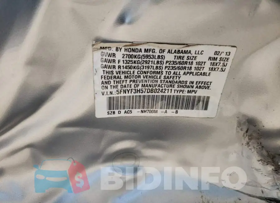 5FNYF3H57DB024211 Photo# 10