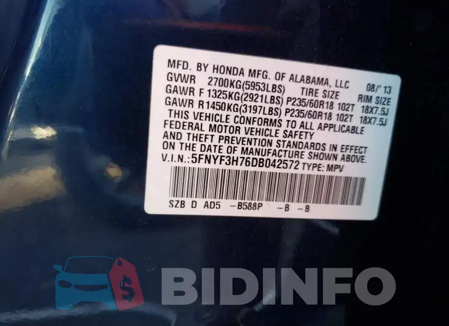 5FNYF3H76DB042572 Photo# 13