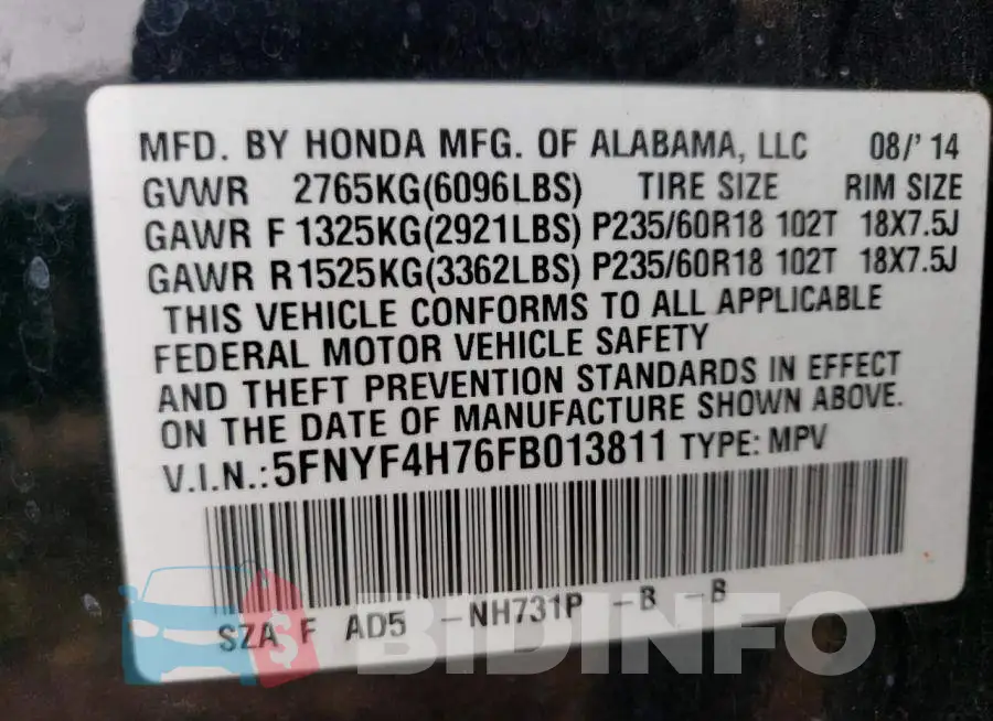 5FNYF4H76FB013811 Photo# 14