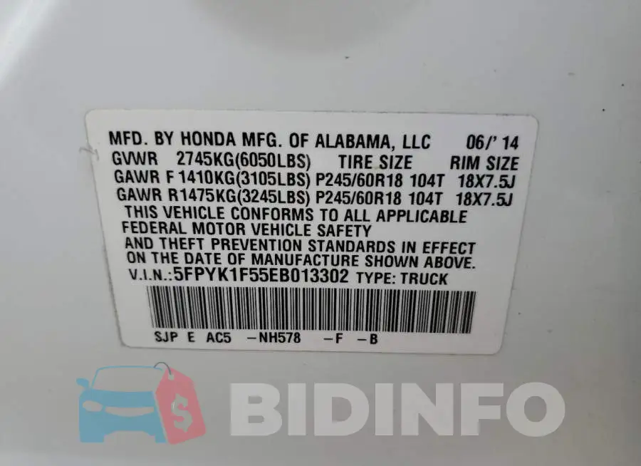5FPYK1F55EB013302 Photo# 10