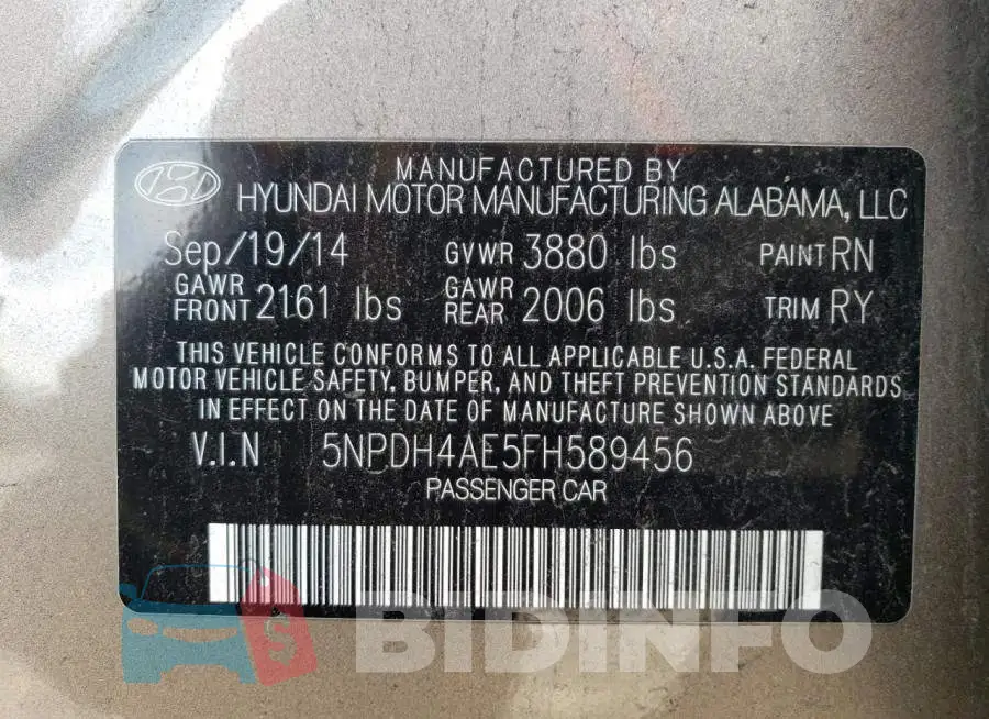 5NPDH4AE5FH589456 Photo# 12