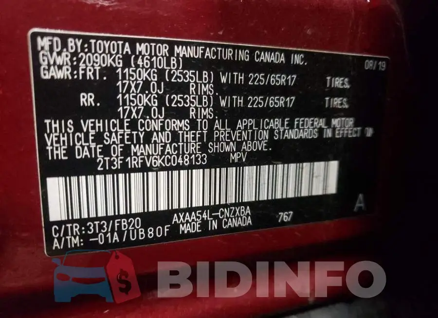 2T3F1RFV6KC048133 Photo# 13