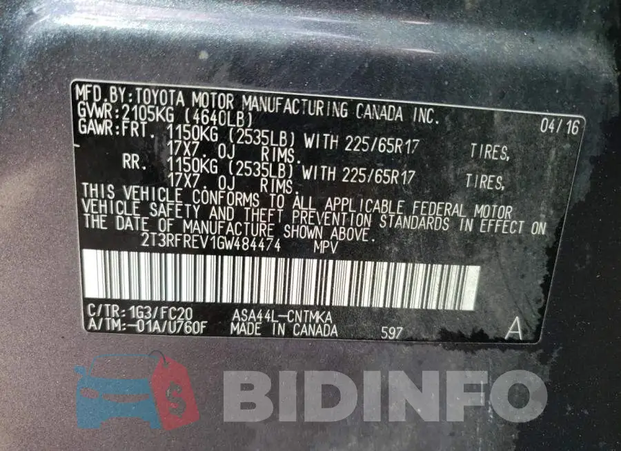 2T3RFREV1GW484474 Photo# 10