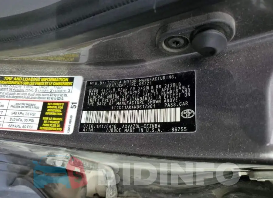 4T1C11AK4NU617901 Photo# 10
