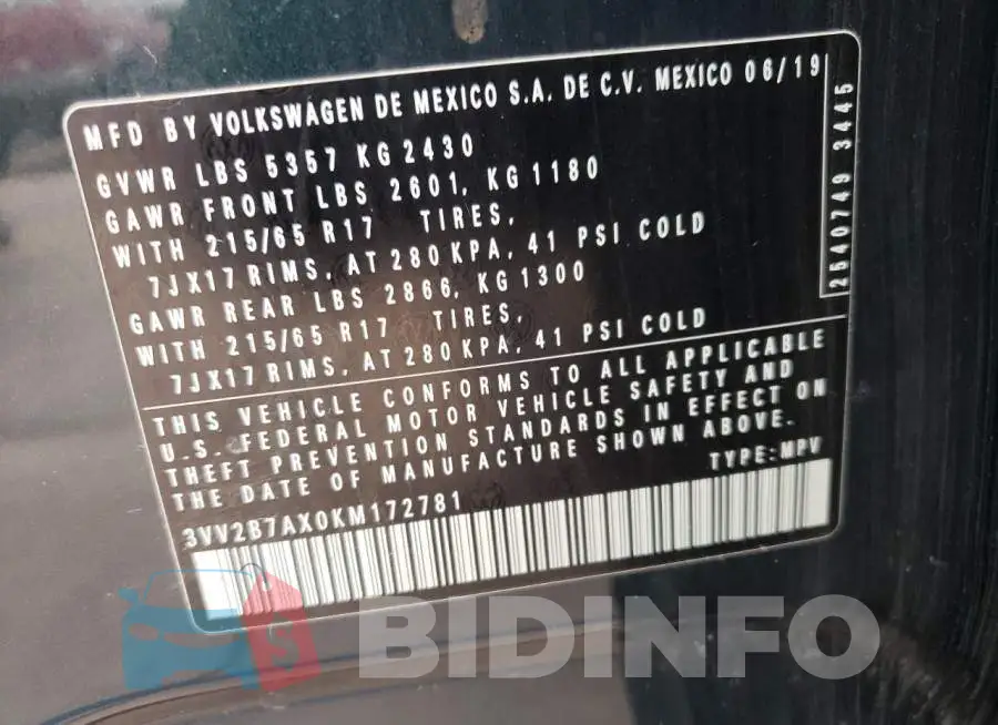 3VV2B7AX0KM172781 Photo# 10