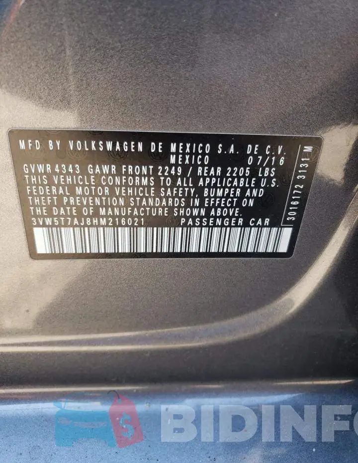 3VW5T7AJ8HM216021 Photo# 10