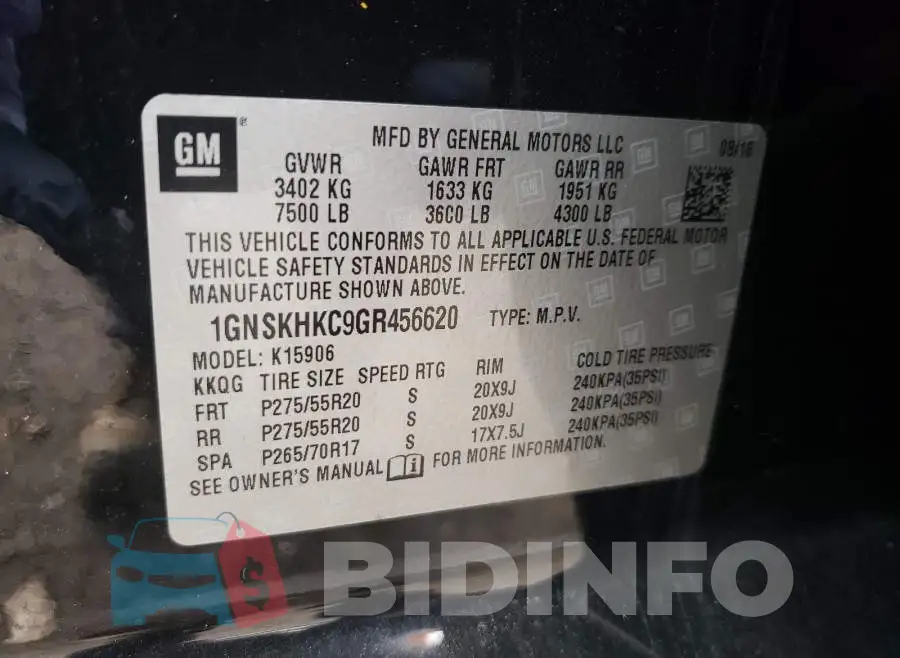 1GNSKHKC9GR456620 Photo# 10
