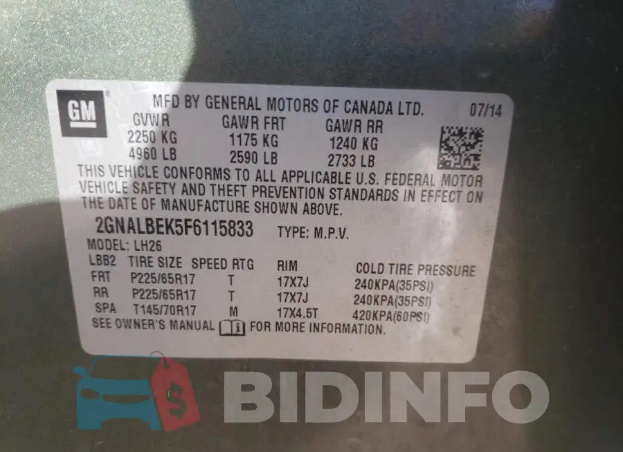 2GNALBEK5F6115833 Photo# 13