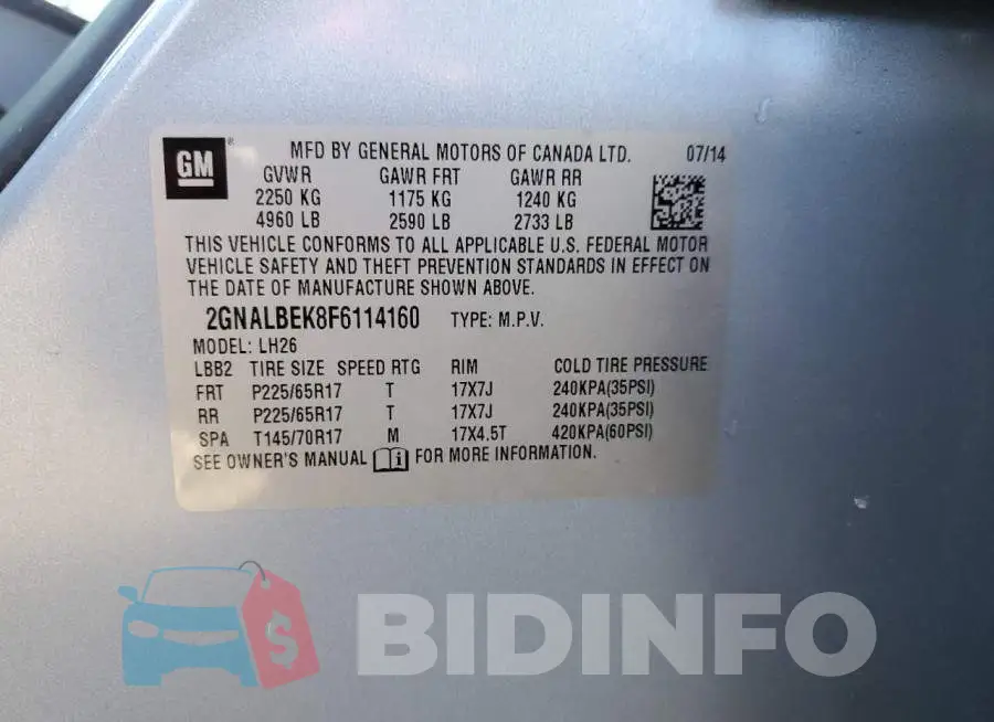 2GNALBEK8F6114160 Photo# 14
