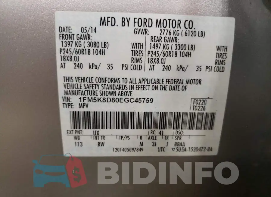 1FM5K8D80EGC45759 Photo# 13