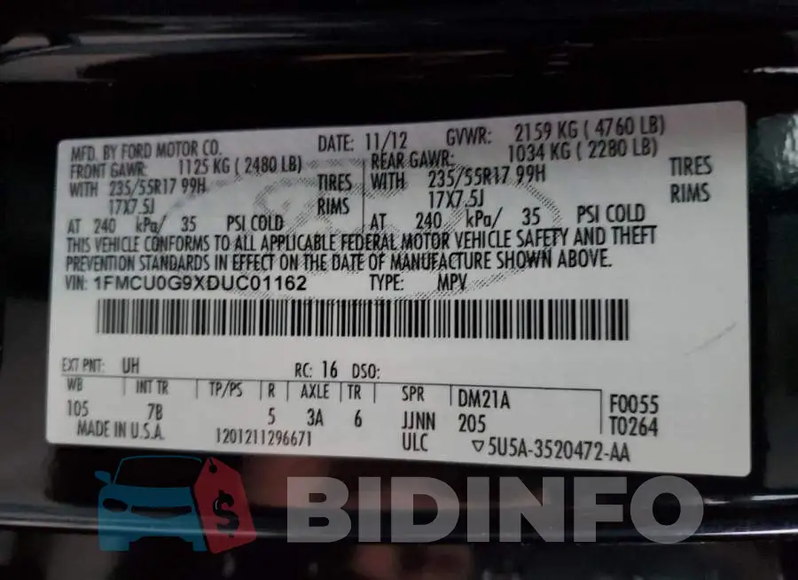 1FMCU0G9XDUC01162 Photo# 13