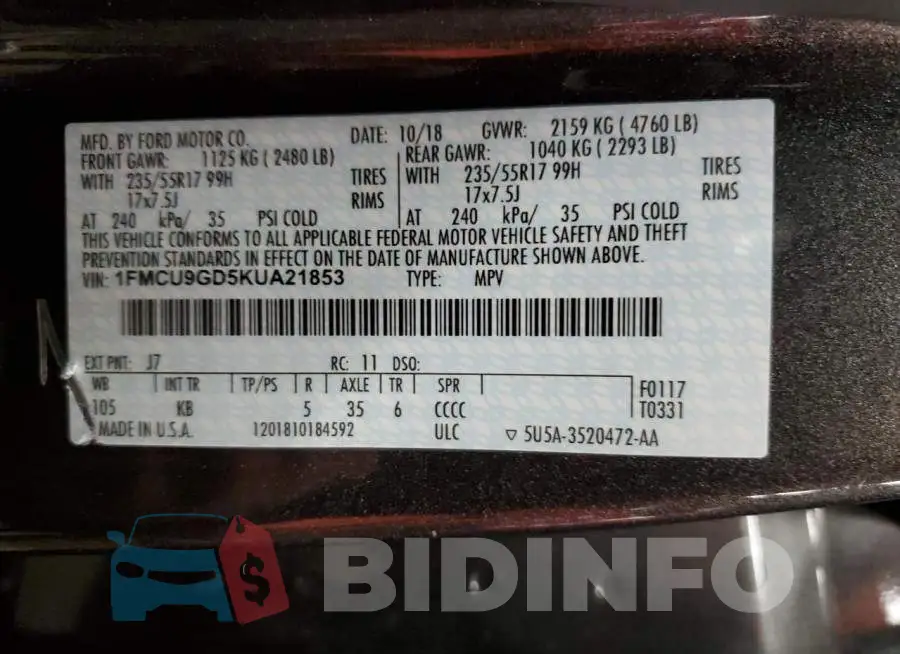 1FMCU9GD5KUA21853 Photo# 13