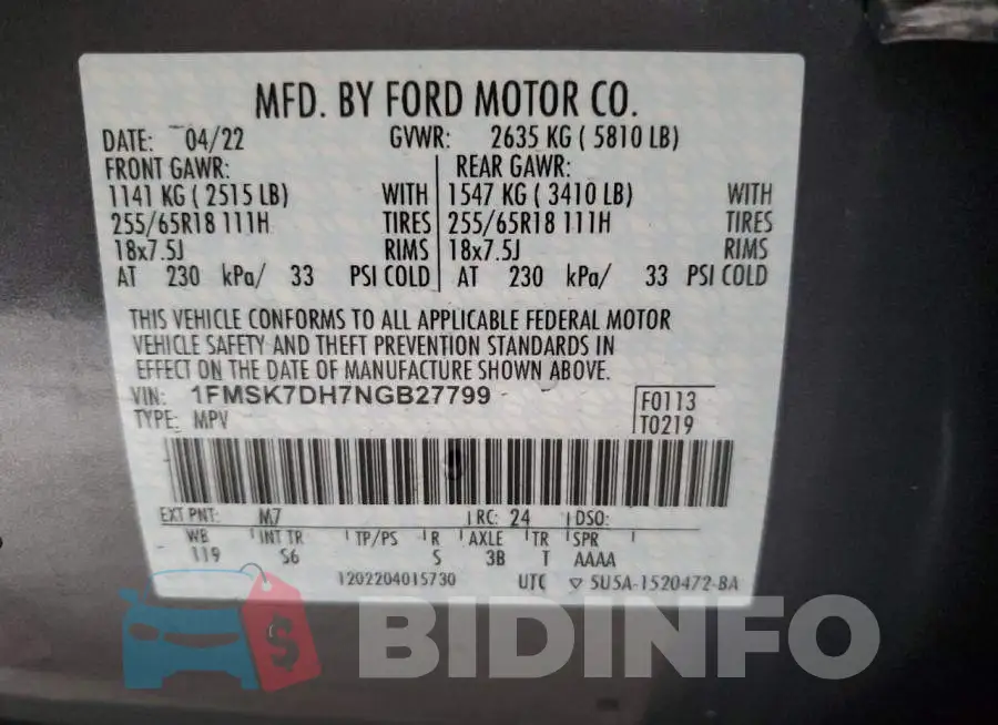 1FMSK7DH7NGB27799 Photo# 13