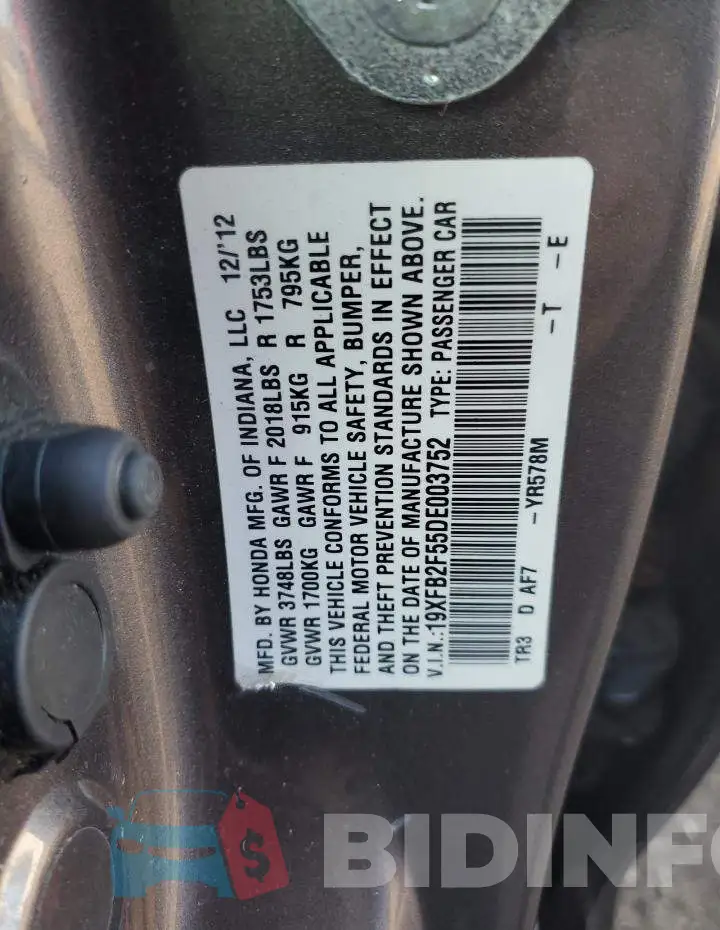 19XFB2F55DE003752 Photo# 12