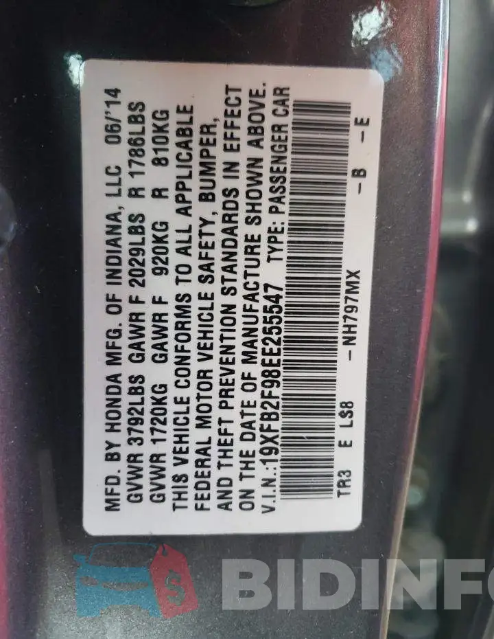 19XFB2F98EE255547 Photo# 12