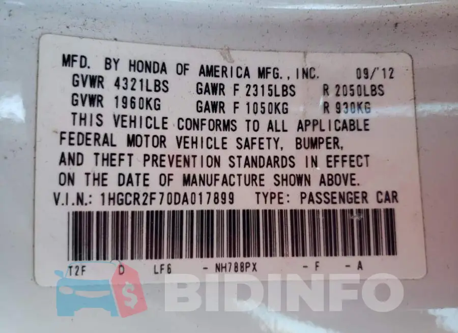 1HGCR2F70DA017899 Photo# 10