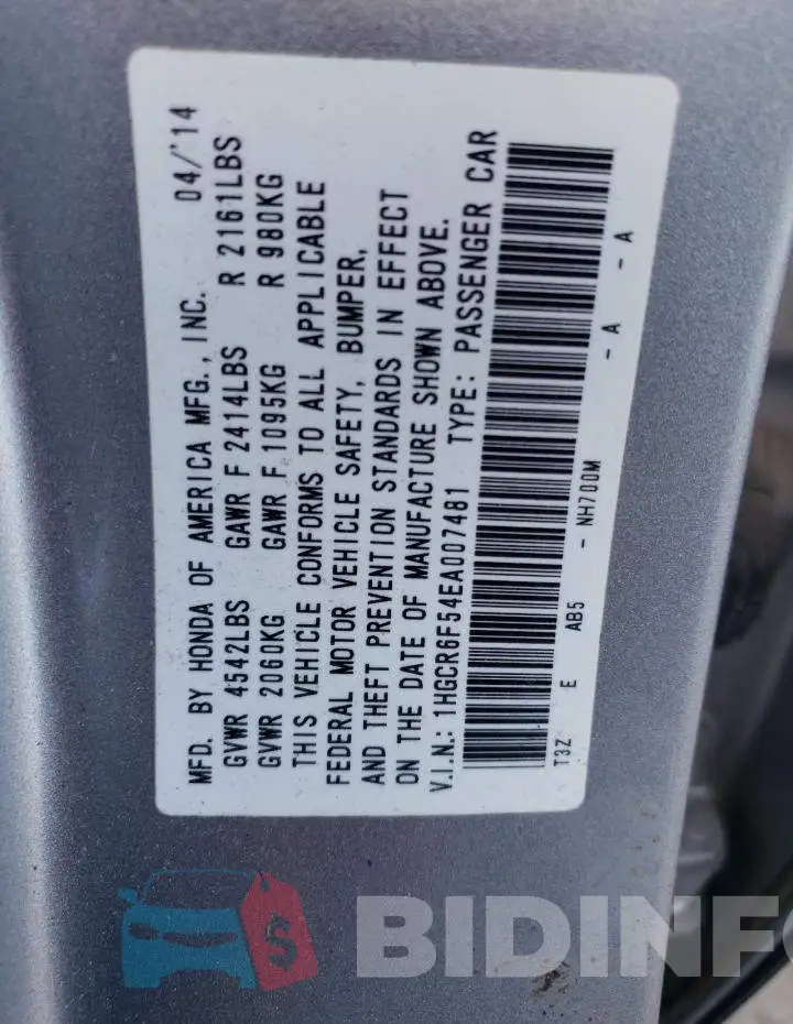 1HGCR6F54EA007481 Photo# 10