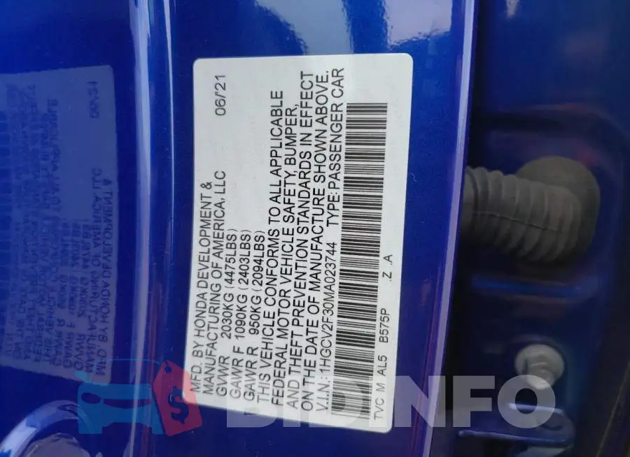 1HGCV2F30MA023744 Photo# 10