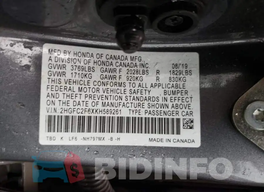 2HGFC2F6XKH589261 Photo# 10