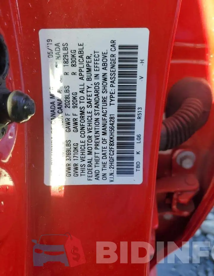 2HGFC2F8XKH564281 Photo# 12